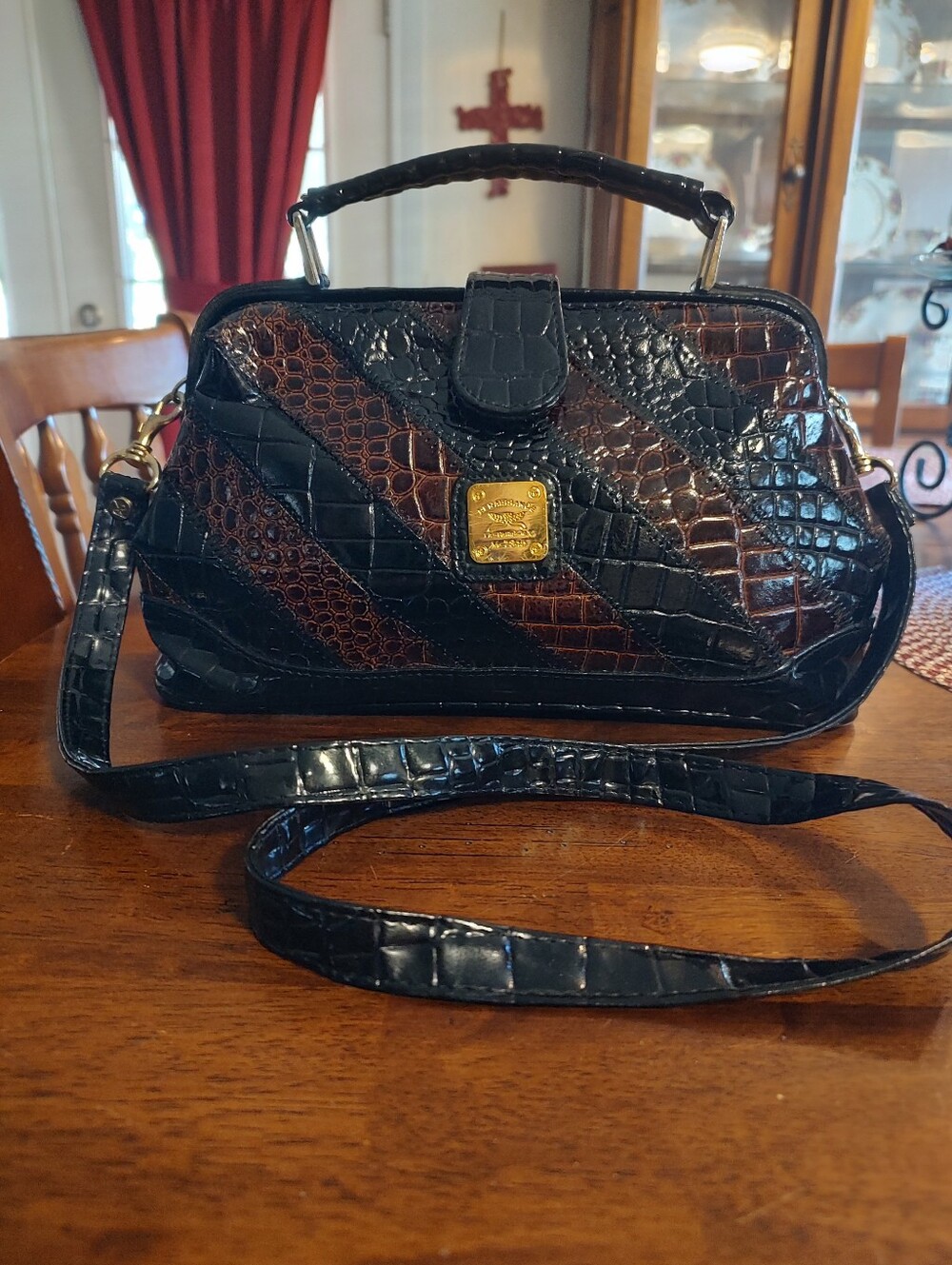 Croc-Embossed Top Handle Crossbody in Black and Brown
